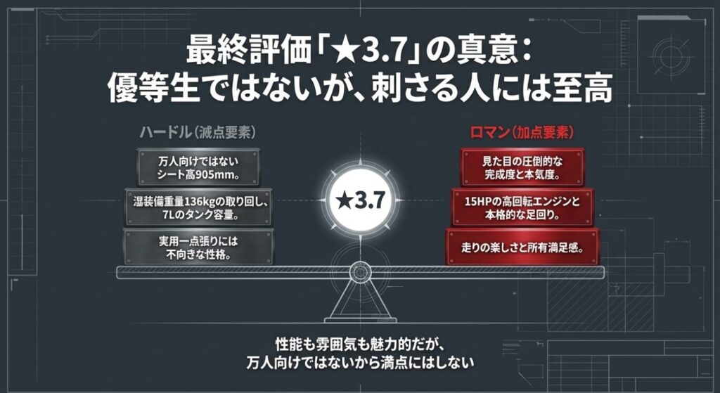 画像タイトル: 最終評価の真意
代替テキスト: シート高やタンク容量などの減点要素と、高回転エンジンや足回りなどの加点要素を総合した星3.7の評価理由 [cite: 169, 171, 177]