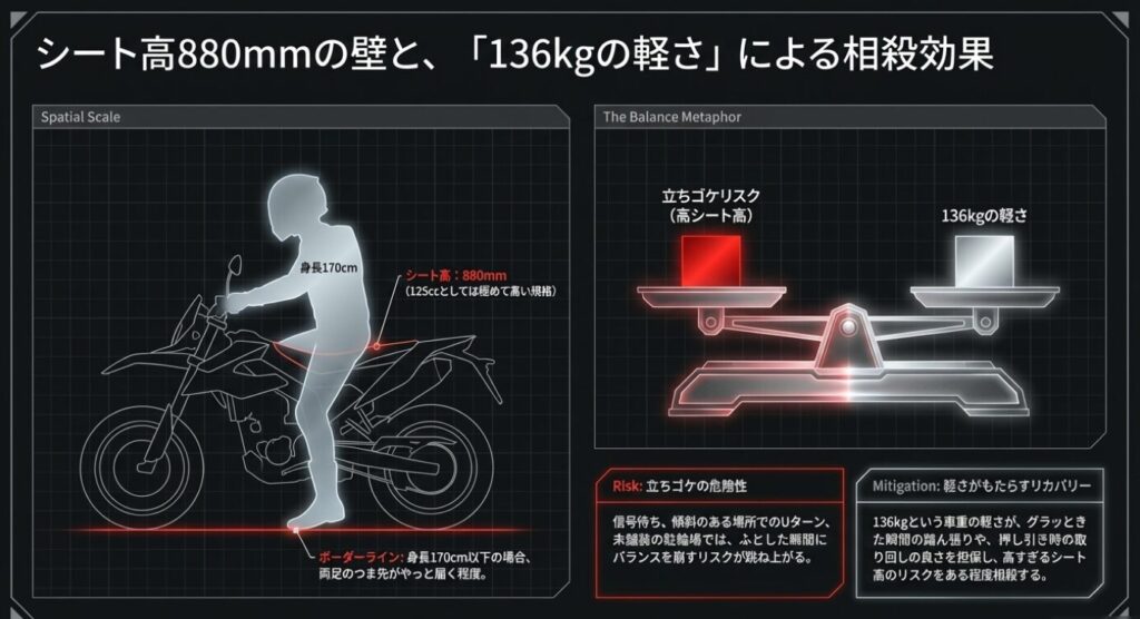 画像タイトル: シート高880mmと乗車姿勢のイメージ
代替テキスト: 身長170cmのライダーがシート高880mmのバイクにまたがった際のつま先立ちのシルエット図