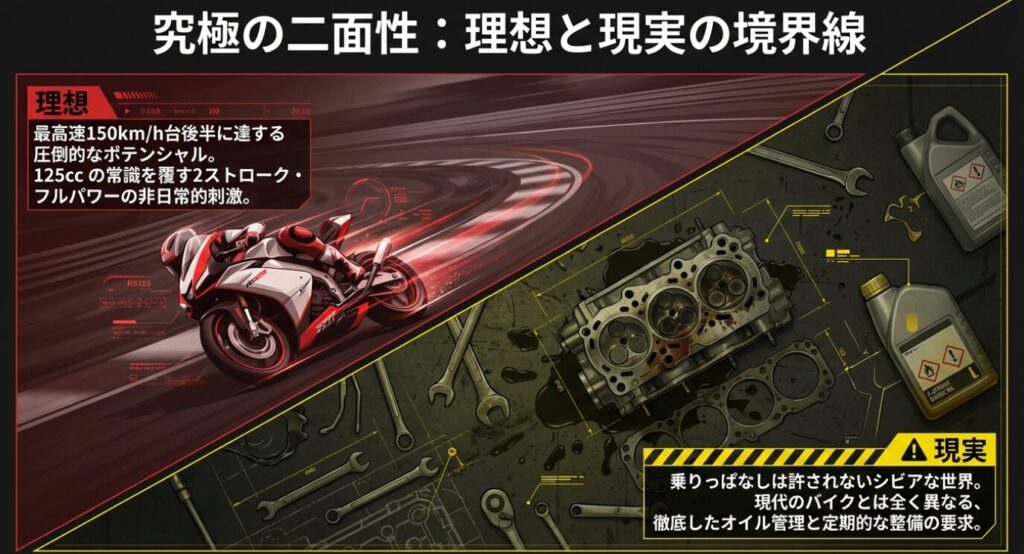 画像タイトル: 理想と現実の境界線
代替テキスト: 150km/hのポテンシャルという理想と、徹底したオイル管理や整備が求められる現実の二面性を表した図