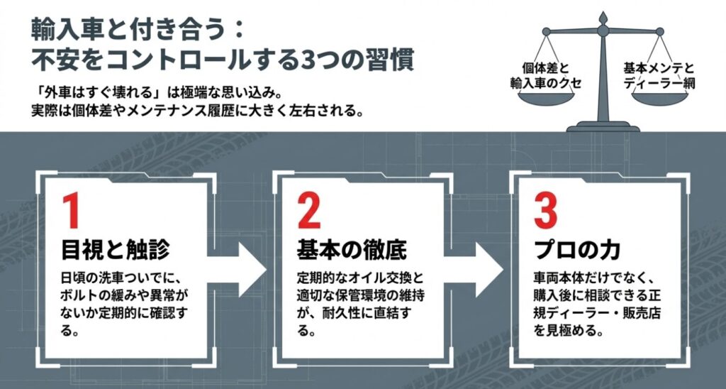 画像タイトル: 輸入車と付き合う3つの習慣
代替テキスト: 目視と触診、基本メンテの徹底、プロの力の活用という、バイクを長持ちさせるための3つの習慣