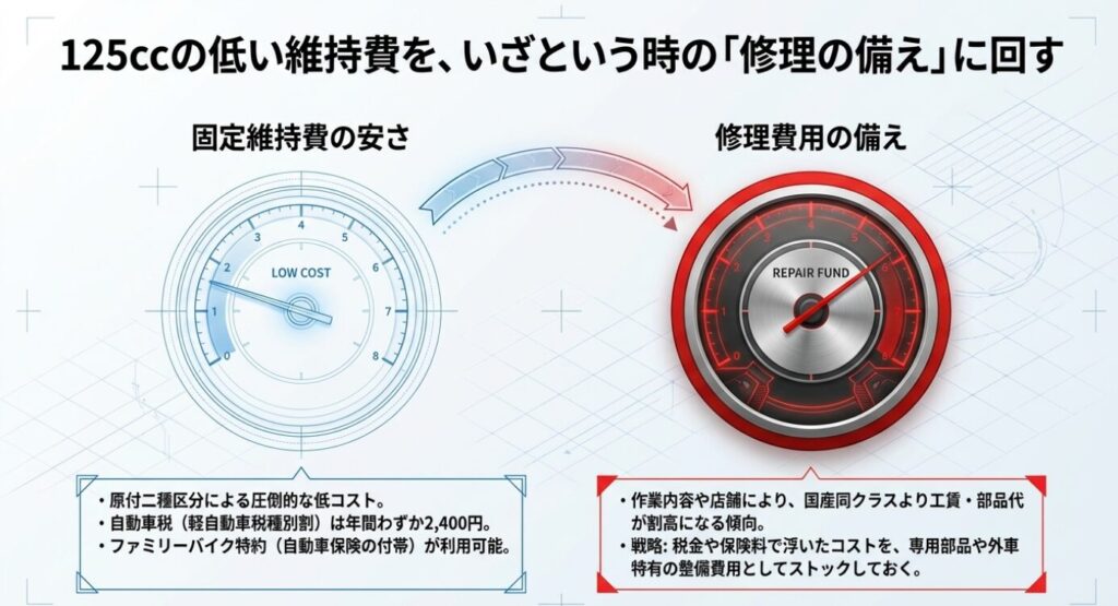 画像タイトル: バイクの維持費と修理費用の戦略
代替テキスト: 原付二種の圧倒的な低コストで浮いた税金や保険料などの維持費を、専用部品や外車特有の整備費用といった修理費用の備えとしてストックしておく戦略の解説図。