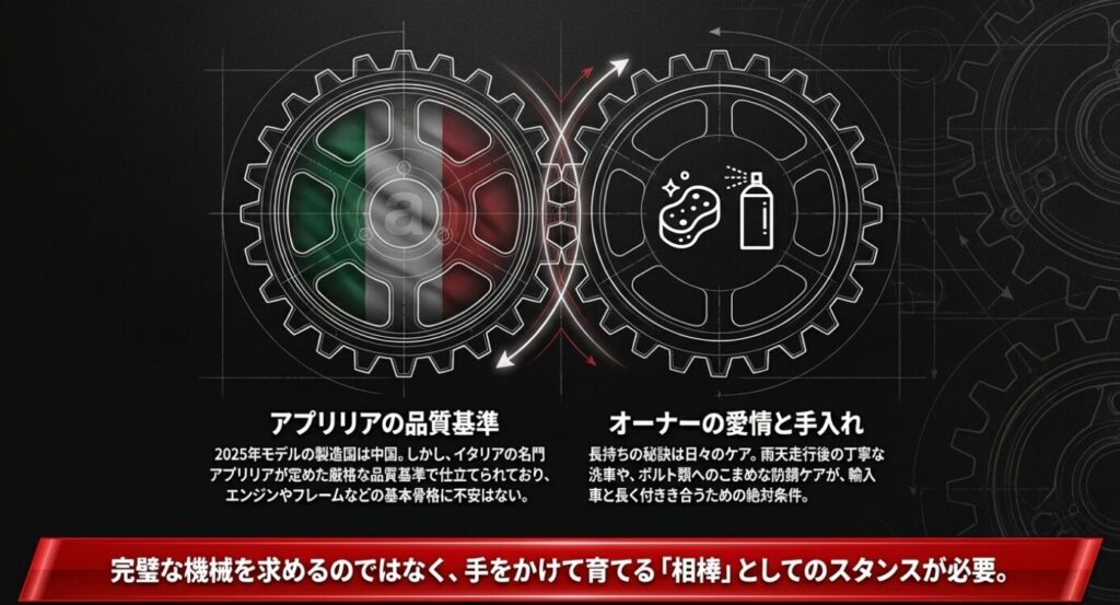 画像タイトル: 製造品質と日々のメンテナンス
代替テキスト: 厳格な品質基準と、洗車や防錆など愛情ある手入れの必要性についての解説