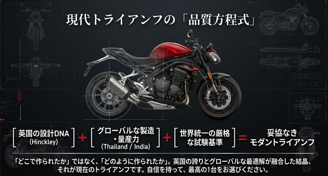 現代トライアンフの「品質方程式」を示す図解スライド。「英国の設計DNA（Hinckley）」「グローバルな製造・量産力（Thailand / India）」「世界統一の厳格な試験基準」の3つの要素が組み合わさることで、「妥協なきモダントライアンフ」が完成することを表しています。「『どこで作られたか』ではなく、『どのように作られたか』」というメッセージが記載されています 。