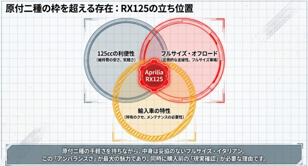 画像タイトル: RX125の立ち位置
代替テキスト: 125ccの利便性とフルサイズオフロード、輸入車の特性が交差する独自の立ち位置を図解したベン図