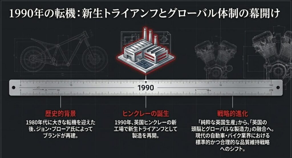 画像タイトル: 新生ブランドの歴史的背景と戦略的進化
代替テキスト: 1990年のヒンクレー工場誕生とグローバル体制への進化を示すタイムライン