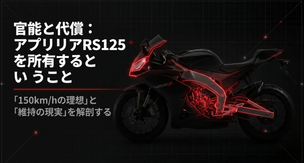 画像タイトル: アプリリアRS125の所有と維持の現実
代替テキスト: アプリリアRS125を所有するということをテーマに、150km/hの理想と維持の現実を解剖するタイトルスライド