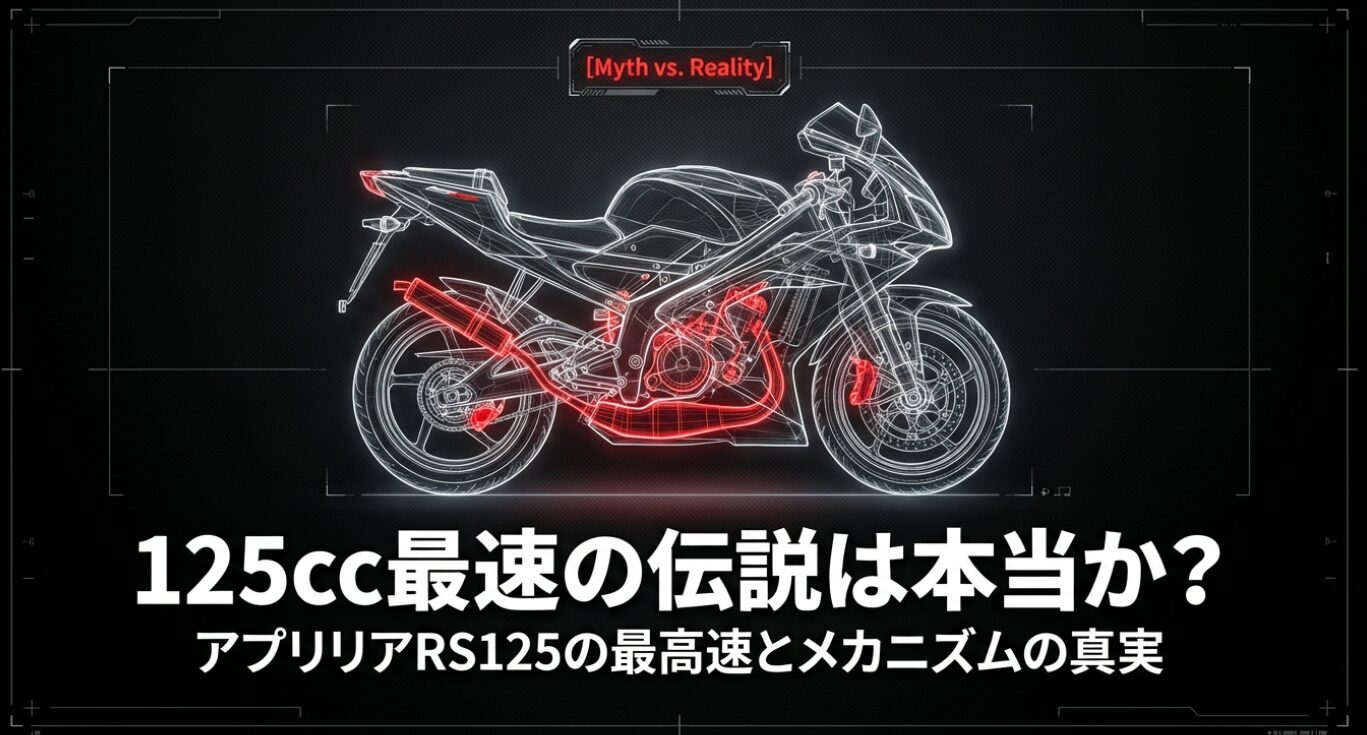 黒を背景に、白のワイヤーフレーム（透視図）で精密に描写されたアプリリアRS125の車体画像 。エンジン、エキゾースト（チャンバー）、リアブレーキ周りが赤くハイライトされ、メカニカルな美しさが強調されている 。スライド内には「Myth vs. Reality」「125cc最速の伝説は本当か？」「アプリリアRS125の最高速とメカニズムの真実」という、RS125のポテンシャルと実態に迫るキャッチコピーが配置されている