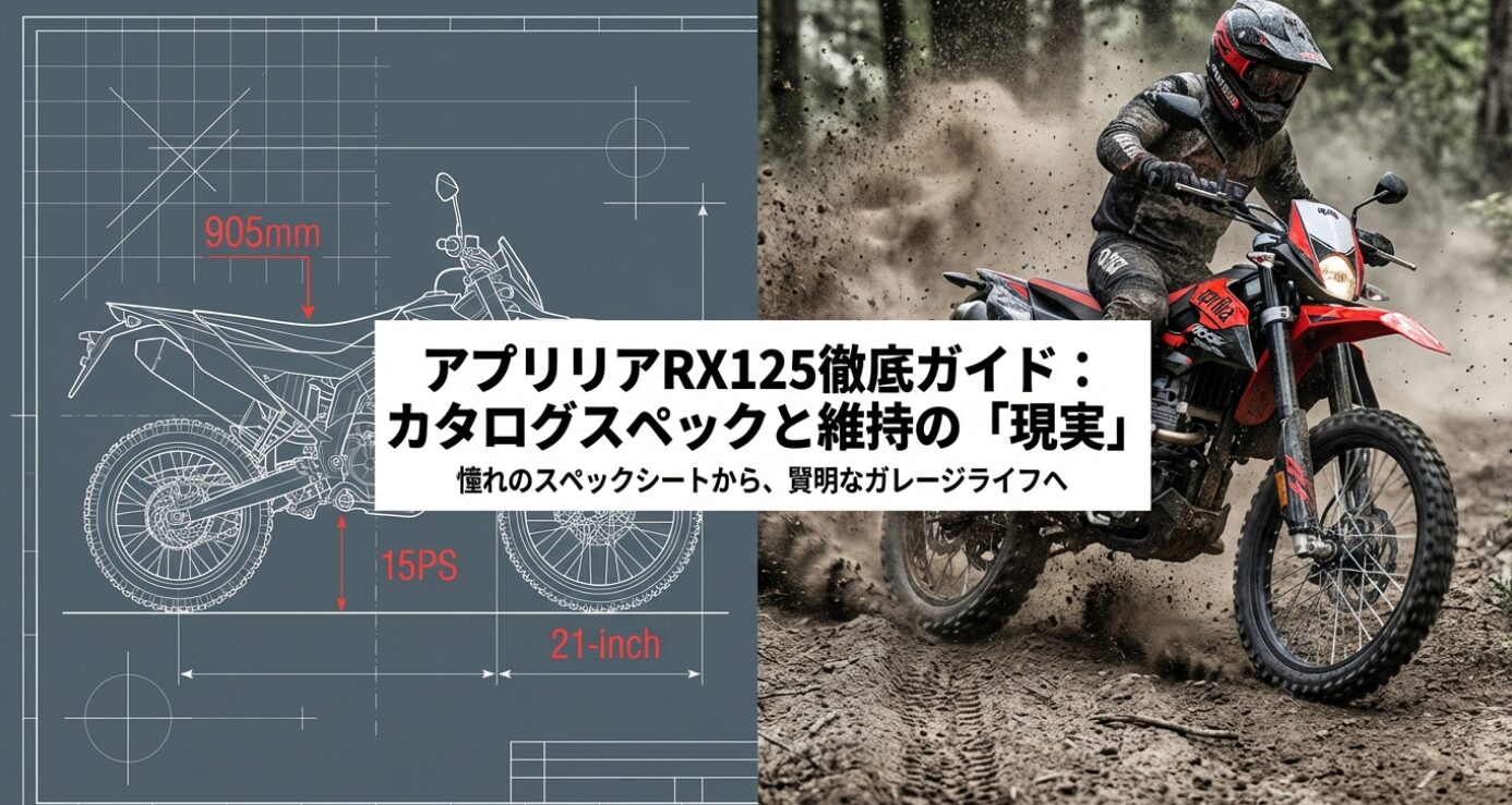 アプリリアRX125の洗練されたシルエットを背景に、「アプリリアRX125徹底ガイド: カタログスペックと維持の「現実」」「憧れのスペックシートから、賢明なガレージライフへ」というテキストが配置された、記事のアイキャッチ用スライド画像