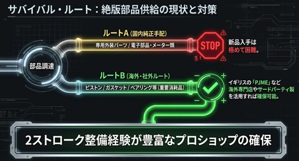 画像タイトル: 絶版部品供給の現状と対策
代替テキスト: 国内純正手配の困難さと、海外専門店や社外パーツを活用する部品調達のサバイバルルートの解説