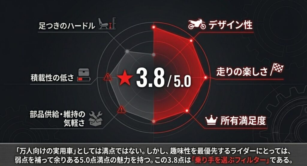 画像タイトル: 総合評価3.8のレーダーチャート
代替テキスト: 足つきや積載性の低さを、走りの楽しさと所有満足度がカバーする評価3.8のレーダーチャート