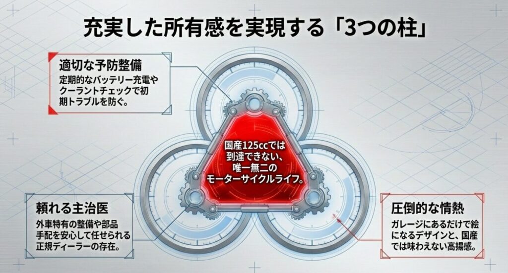 画像タイトル: バイク所有感を満たす3つの柱
代替テキスト: 適切な予防整備、頼れる正規ディーラーの存在、圧倒的な情熱という、唯一無二のモーターサイクルライフを実現するための3つの要素の図解。