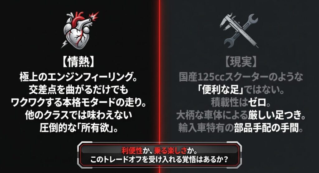 画像タイトル: 情熱と現実のトレードオフ
代替テキスト: エンジンフィーリングの情熱と、積載性ゼロや厳しい足つきといった現実の比較