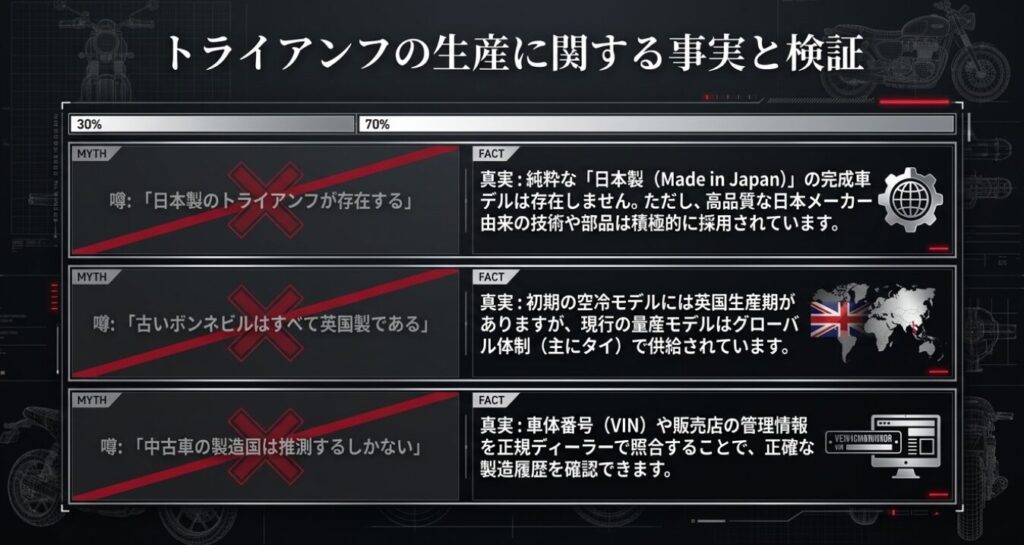 画像タイトル: 生産に関する事実と検証
代替テキスト: 日本製モデルの有無やVINコードでの製造履歴照合に関する噂と真実