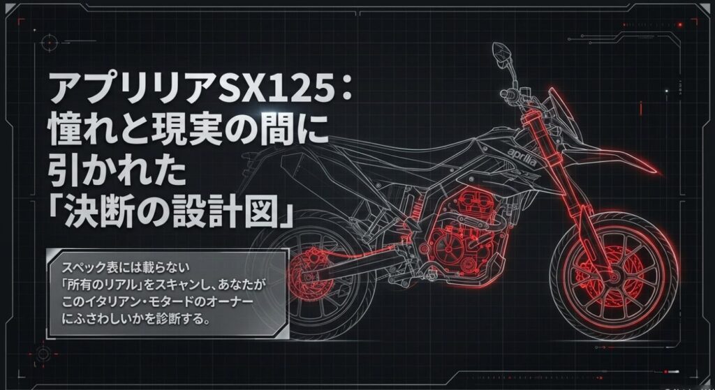 画像タイトル: アプリリアSX125 購入決断の設計図
代替テキスト: アプリリアSX125のオーナーにふさわしいかを診断する「決断の設計図」の表紙スライド