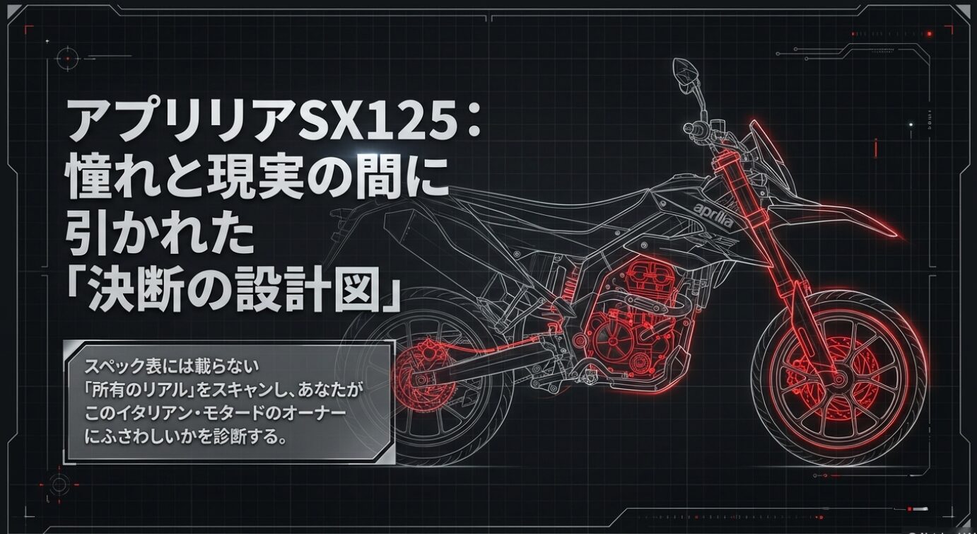 「アプリリアSX125: 憧れと現実の間に引かれた『決断の設計図』」というタイトルが配置された表紙スライド画像 。「スペック表には載らない『所有のリアル』をスキャンし、あなたがこのイタリアン・モタードのオーナーにふさわしいかを診断する。」というメッセージが添えられており、購入の是非を問うデザインとなっています 。