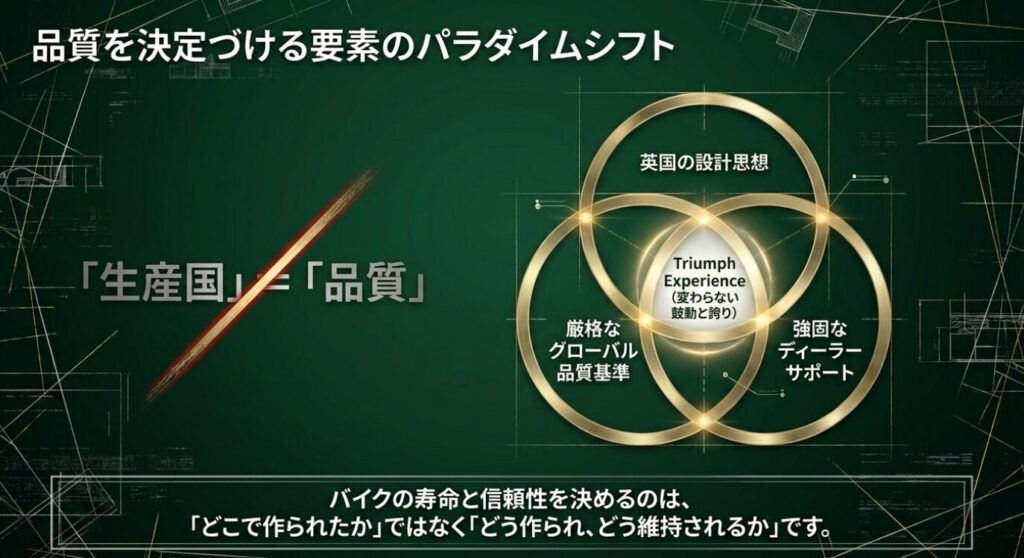 画像タイトル: 品質を決定づける要素のパラダイムシフト
代替テキスト: 生産国よりも設計思想、品質基準、ディーラーサポートが品質を決めるという考え方
