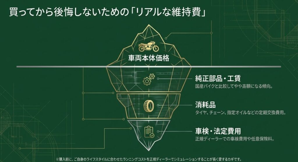 画像タイトル: 買ってから後悔しないためのリアルな維持費
代替テキスト: 車両本体価格、純正部品・工賃、消耗品、車検費用などバイクの維持にかかる項目