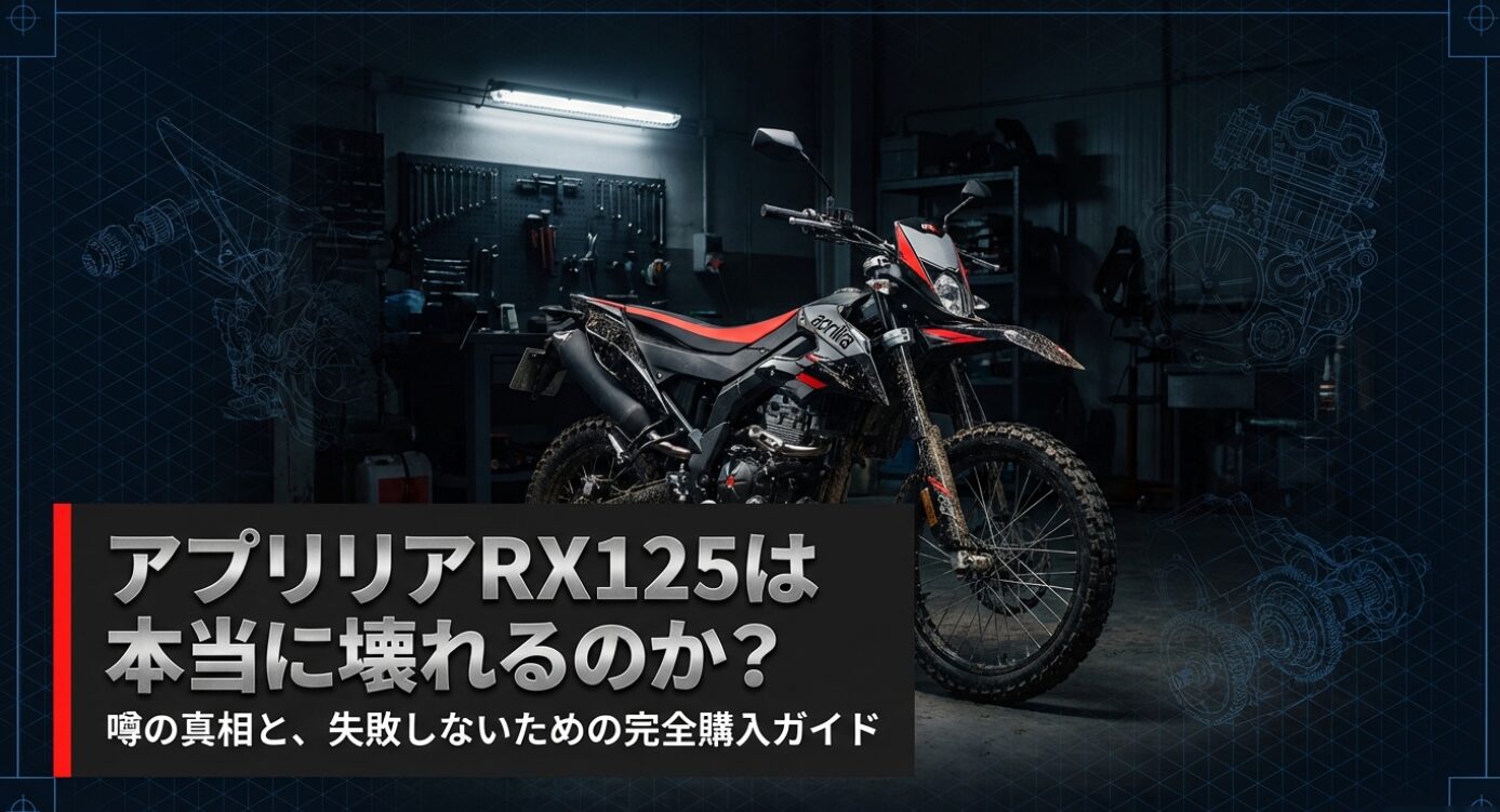青い設計図（ブループリント）風の背景に、赤と水色のラインで精密に描かれたアプリリアRX125の透視イラスト。「アプリリア RX125 完全購入ガイド 噂の真相解剖から、2025年モデルの劇的進化まで」というタイトルコピーとともに、シート高や排気量、サスペンショントラベルなどの詳細な車両スペックが記載されている。