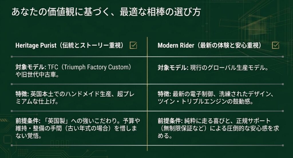 画像タイトル: 価値観に基づく最適な相棒の選び方
代替テキスト: 伝統重視のヘリテージ派と最新体験重視のモダン派に分けたバイクの選び方