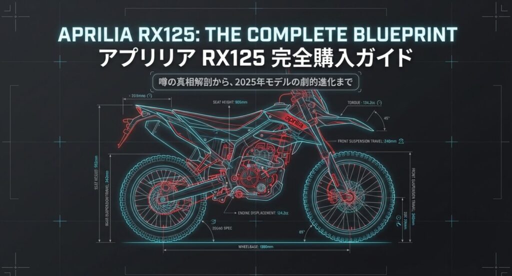 画像タイトル: アプリリアRX125完全購入ガイド
代替テキスト: アプリリアRX125の寸法やスペックが記載された、スタイリッシュな設計図風の透視イラスト。