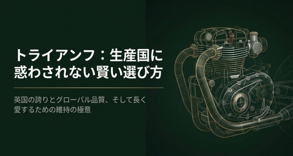 画像タイトル: 生産国に惑わされない賢い選び方
代替テキスト: トライアンフの生産国に惑わされない選び方と維持の極意をまとめたタイトルスライド