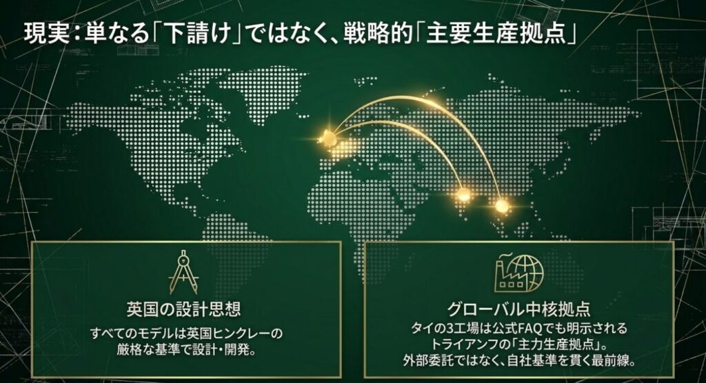 画像タイトル: 戦略的「主要生産拠点」としての現実
代替テキスト: 英国の設計思想とタイのグローバル中核拠点という生産体制の現実