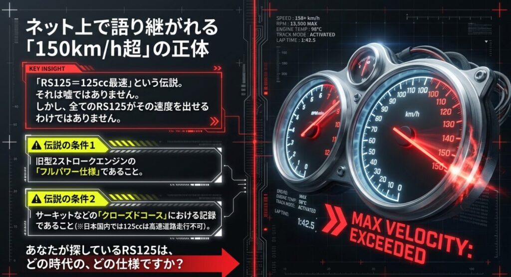 画像タイトル: 最高速度150km/h超えの条件
代替テキスト: 最高速度150km/h超えの条件として旧型2ストロークフルパワー仕様とクローズドコースを挙げた解説図