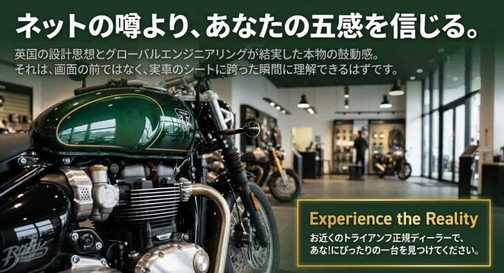 画像タイトル: ネットの噂より、あなたの五感を信じる
代替テキスト: ネットの情報にとらわれず正規ディーラーで実車を体験することを勧めるスライド