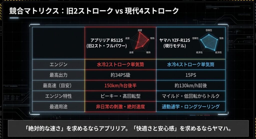 画像タイトル: アプリリアRS125とYZF-R125の比較
代替テキスト: 旧2ストロークのアプリリアRS125と現行4ストロークのヤマハYZF-R125の速度、情熱、経済性を比較したマトリクス図