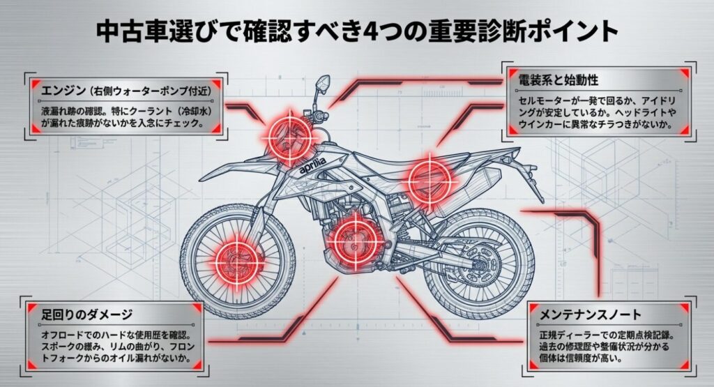 画像タイトル: 中古バイク選びの重要診断ポイント
代替テキスト: バイクの図解に合わせて、エンジン右側の水漏れ、電装系と始動性、足回りのダメージ、メンテナンスノートの有無という4つの中古車確認ポイントを解説した図。