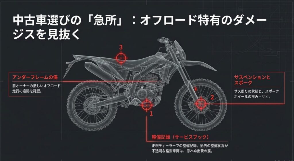 画像タイトル: 中古車選びの急所
代替テキスト: アンダーフレームの傷、整備記録の有無、サスペンションとスポークの状態という中古車選びで確認すべき3つの急所