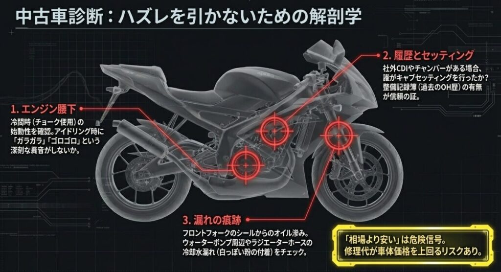 画像タイトル: 中古車選びのチェックポイント
代替テキスト: エンジン腰下の異音、キャブやOHの履歴、フォークや冷却水の漏れなど、中古車診断のポイント