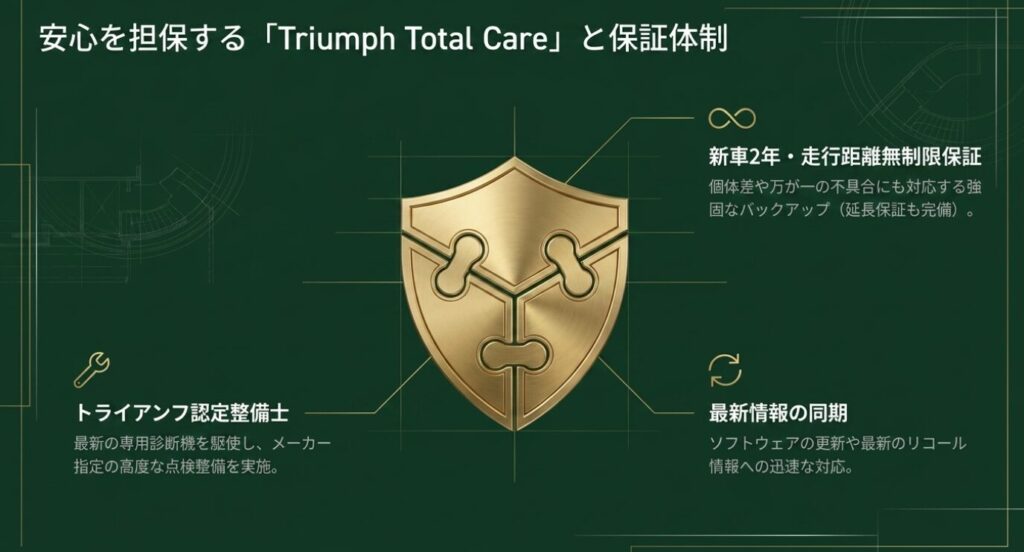 画像タイトル: 安心を担保するTotal Careと保証体制
代替テキスト: 新車2年保証、認定整備士、最新情報の同期など充実したサポート体制