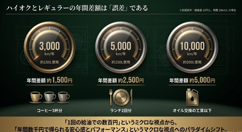 画像タイトル: ハイオクとレギュラーの年間差額シミュレーション
代替テキスト: 年間3000km、5000km、10000km走行時のハイオクとレギュラーの燃料差額を比較したスライド