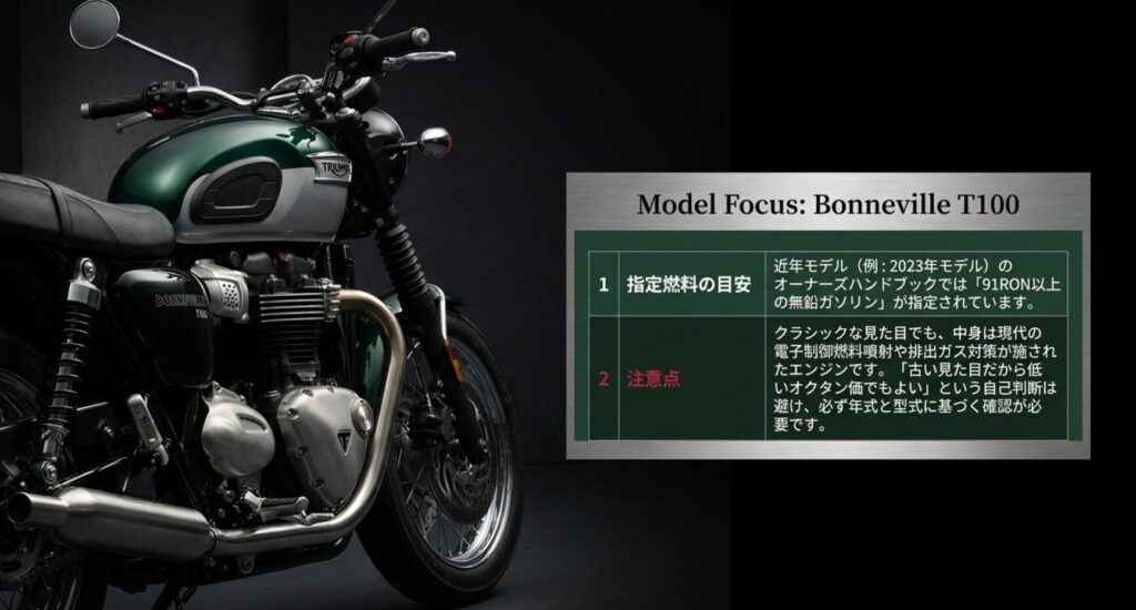 画像タイトル: ボンネビルT100の燃料指定と確認ポイント
代替テキスト: ボンネビルT100の近年モデルにおける91RON指定と、見た目だけで燃料を判断しない注意点をまとめたスライド