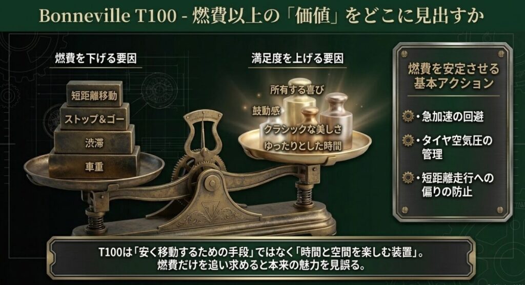 画像タイトル: ボンネビルT100で燃費以上の価値を見出す視点
代替テキスト: ボンネビルT100の燃費を下げる要因と、所有する喜びや鼓動感など満足度を上げる要因を比較したスライド