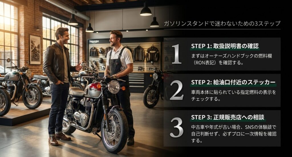 画像タイトル: ガソリンスタンドで迷わないための3ステップ
代替テキスト: 取扱説明書、給油口ステッカー、正規販売店への相談という燃料確認の3ステップを示したスライド