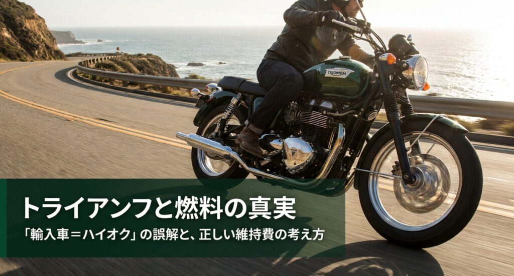 画像タイトル: トライアンフと燃料指定の正しい考え方
代替テキスト: 海沿いの道を走るトライアンフと、燃料指定や維持費の考え方を示した記事導入用スライド