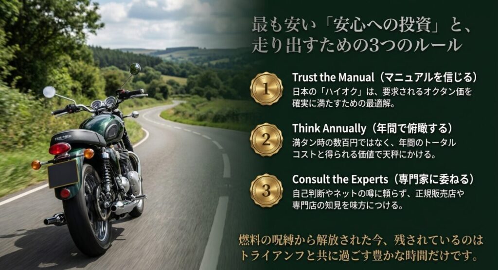 画像タイトル: トライアンフを安心して楽しむための3つのルール
代替テキスト: マニュアルを信じる、年間コストで考える、専門家に相談するというトライアンフ燃料選びの3つのルール