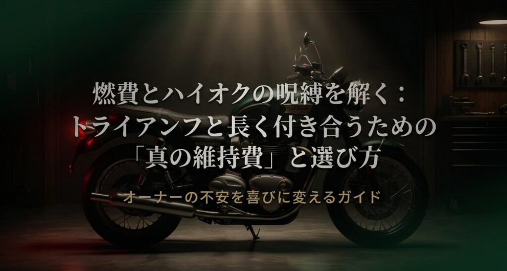 画像タイトル: 燃費とハイオクの呪縛を解くトライアンフ維持費ガイド
代替テキスト: トライアンフの燃費やハイオク指定、維持費の考え方を整理するスライド