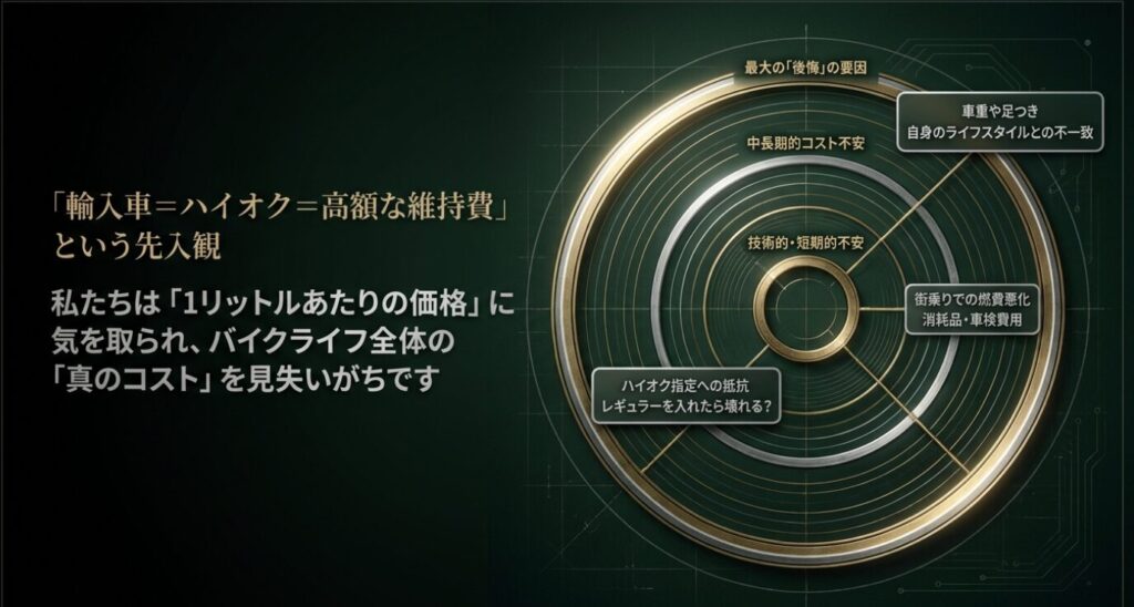 画像タイトル: 輸入車はハイオクで維持費が高いという先入観
代替テキスト: 輸入バイクはハイオクで維持費が高いという先入観と、実際に見るべき維持費の要因を示した図
