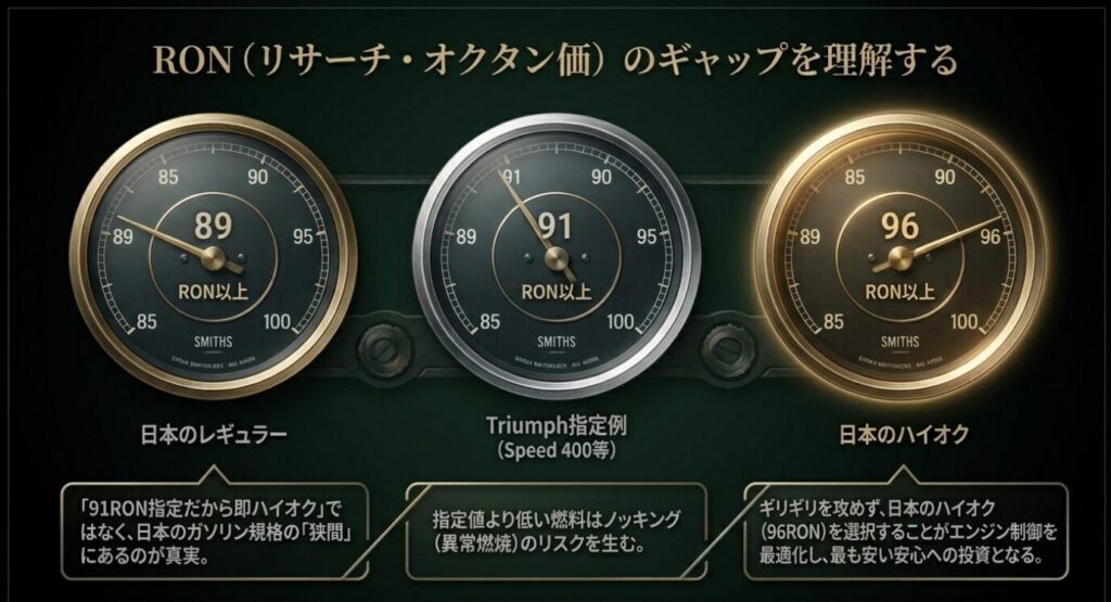 画像タイトル: RON指定と日本のレギュラー・ハイオクの違い
代替テキスト: 日本のレギュラー89RON以上、トライアンフ指定例91RON以上、日本のハイオク96RON以上の違いを比較したメーター図