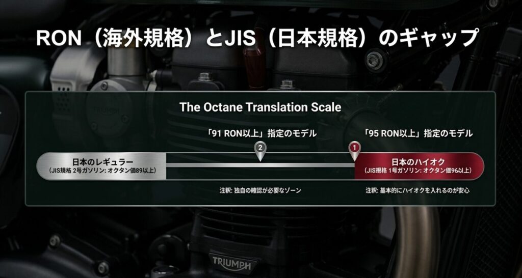 画像タイトル: RONとJIS規格の燃料表示の違い
代替テキスト: 日本のレギュラー、91RON指定、95RON指定、日本のハイオクの位置関係を示した燃料表示の比較図