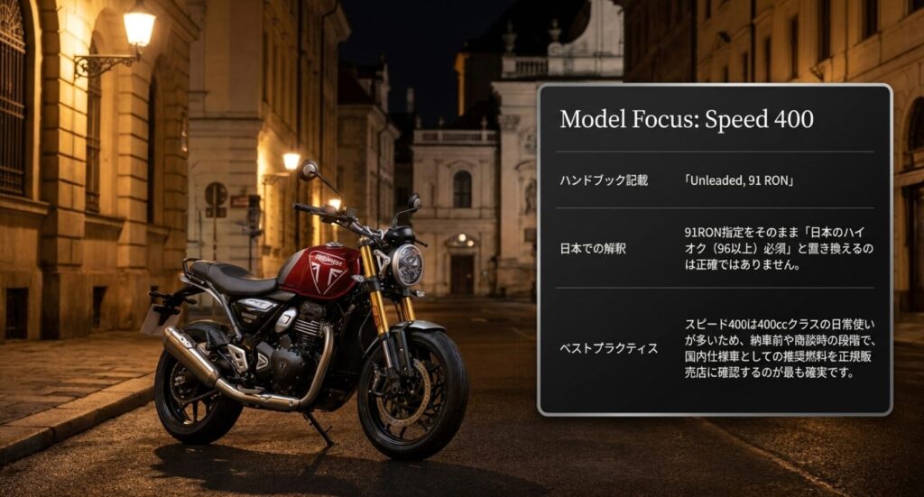 画像タイトル: スピード400の91RON燃料指定と日本での考え方
代替テキスト: スピード400のハンドブック記載である無鉛91RON指定と、日本でハイオク必須と決めつけない考え方を示したスライド