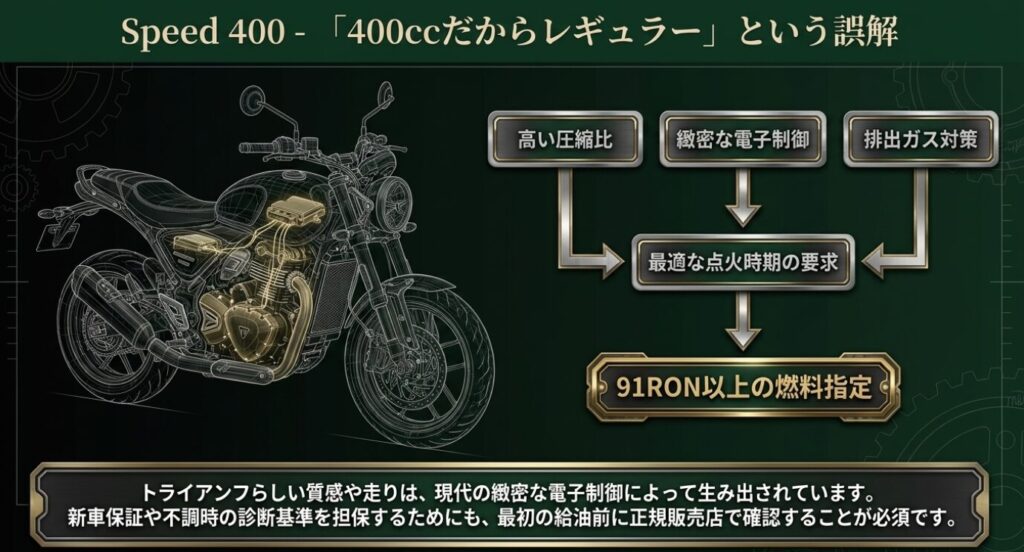 画像タイトル: スピード400は400ccだからレギュラーとは限らない
代替テキスト: スピード400の燃料指定が排気量だけでなく圧縮比、電子制御、排出ガス対策によって決まることを示した図