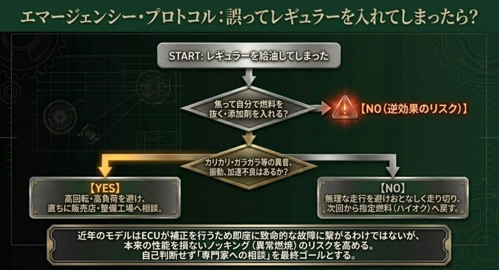 画像タイトル: レギュラーを誤給油したときの対応フロー
代替テキスト: ハイオク指定車にレギュラーを入れてしまった場合に、異音や振動の有無を確認して販売店へ相談する流れを示した図