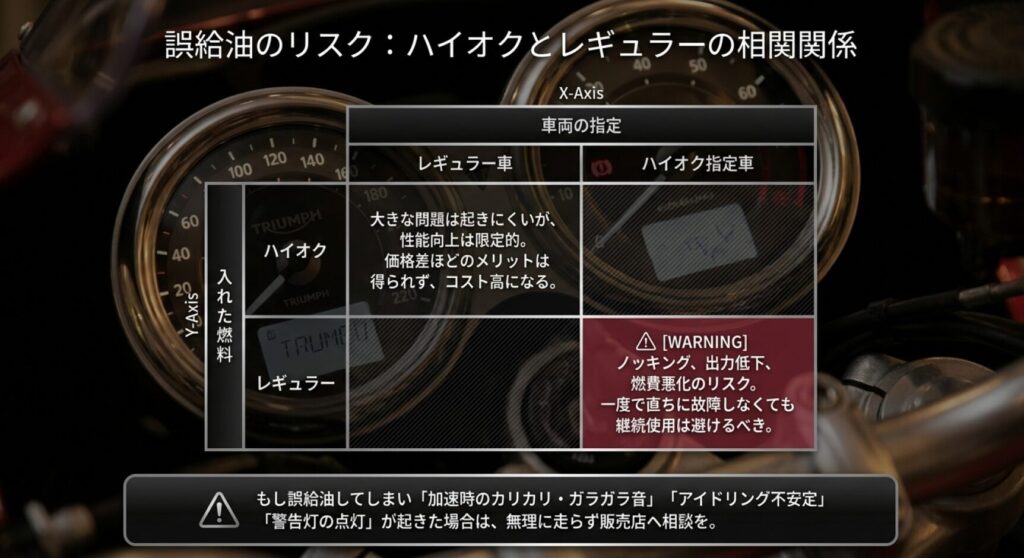 画像タイトル: レギュラー誤給油時のリスクと確認症状
代替テキスト: ハイオク指定車にレギュラーを入れた場合のノッキング、出力低下、燃費悪化のリスクと相談目安を示した図