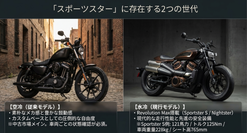 画像タイトル: 空冷モデルと現行モデルに分かれるスポーツスターの世代解説
代替テキスト: 従来の空冷スポーツスターとRevolution Maxを搭載する現行モデルの違いを、2つの世代として比較したスライド