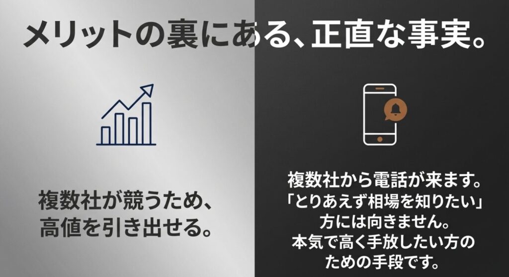 画像タイトル: 一括査定は高値を狙える一方で連絡対応も必要になる
代替テキスト: 一括査定は複数社の競争で高値を引き出しやすい一方、複数社から電話が来る可能性もあることを示したスライド