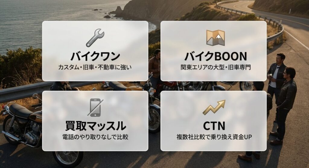 画像タイトル: 目的別に選ぶバイク買取査定サービス
代替テキスト: バイクワン、バイクBOON、買取マッスル、CTNを目的別に整理し、それぞれの強みを比較したスライド